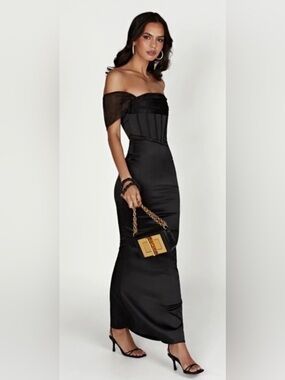 dalia off shoulder satin maxi dress Dalia Off Shoulder Satin Maxi Dress - Dark Chocolate